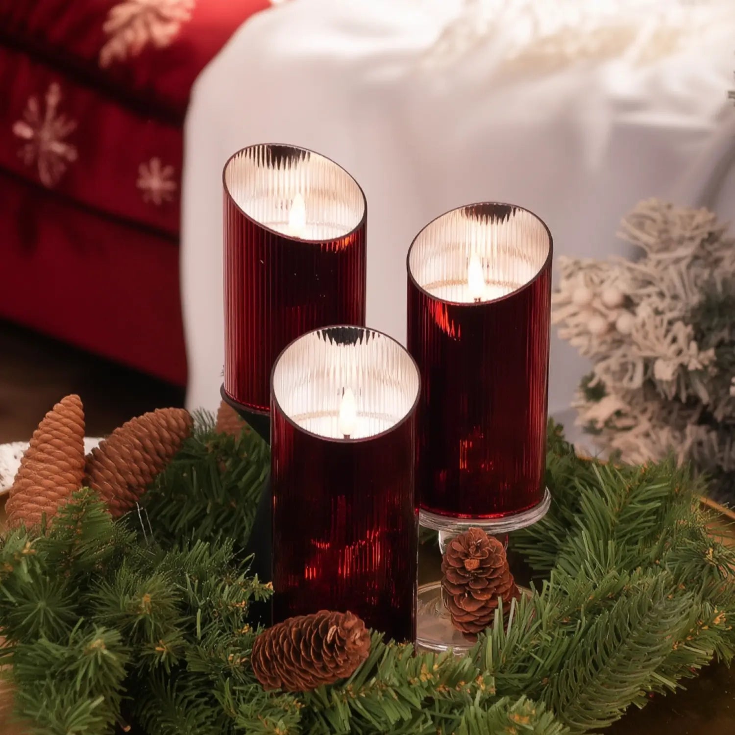 Ribbed Glass Pillar Candles – Set of 3