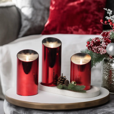 Ribbed Glass Pillar Candles – Set of 3