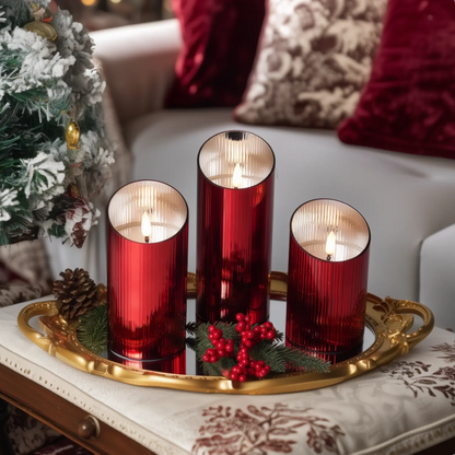 Ribbed Glass Pillar Candles – Set of 3