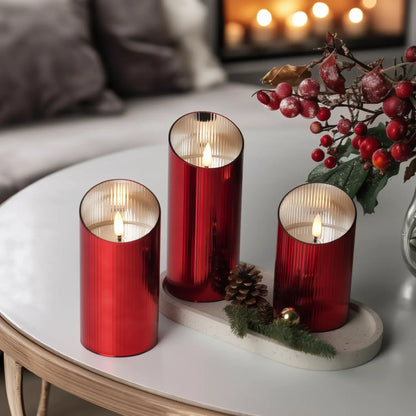 Ribbed Glass Pillar Candles – Set of 3