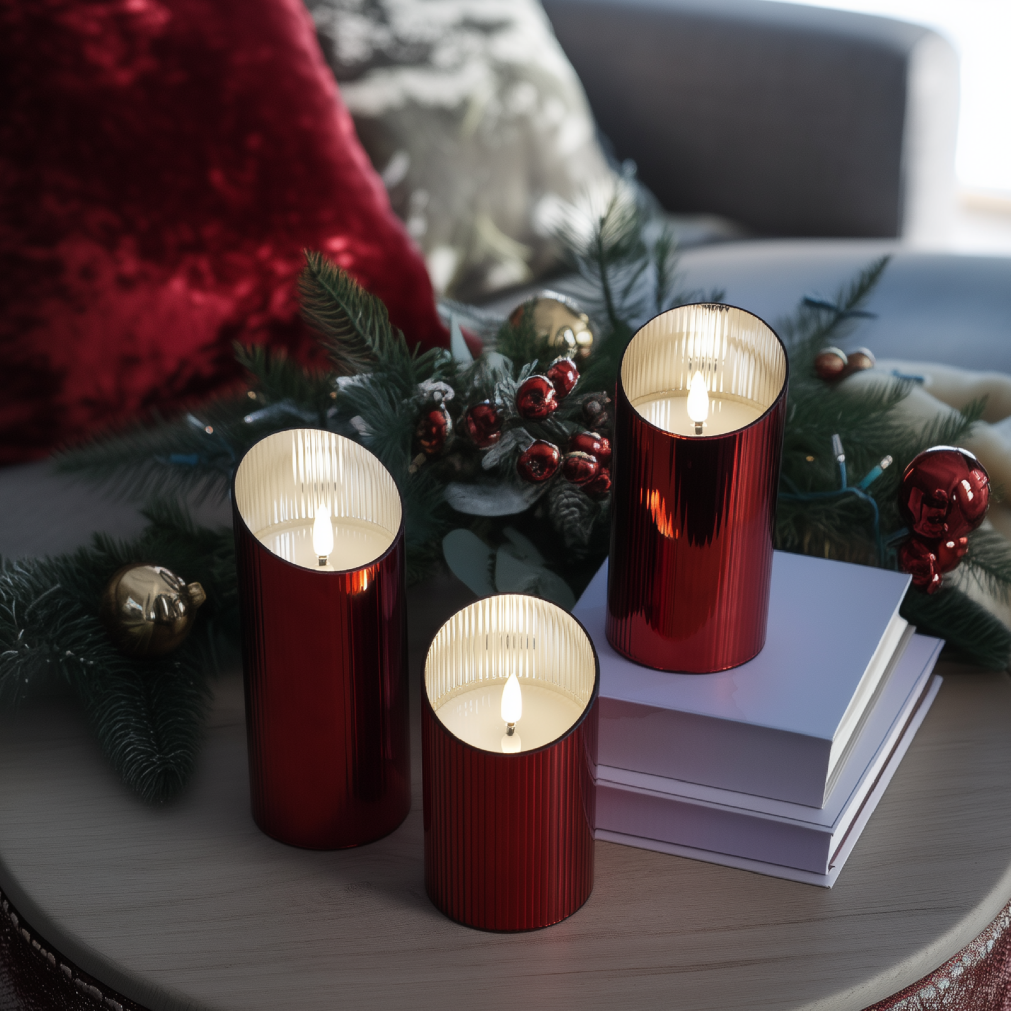 Ribbed Glass Pillar Candles – Set of 3