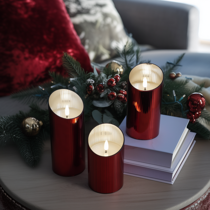 Ribbed Glass Pillar Candles – Set of 3