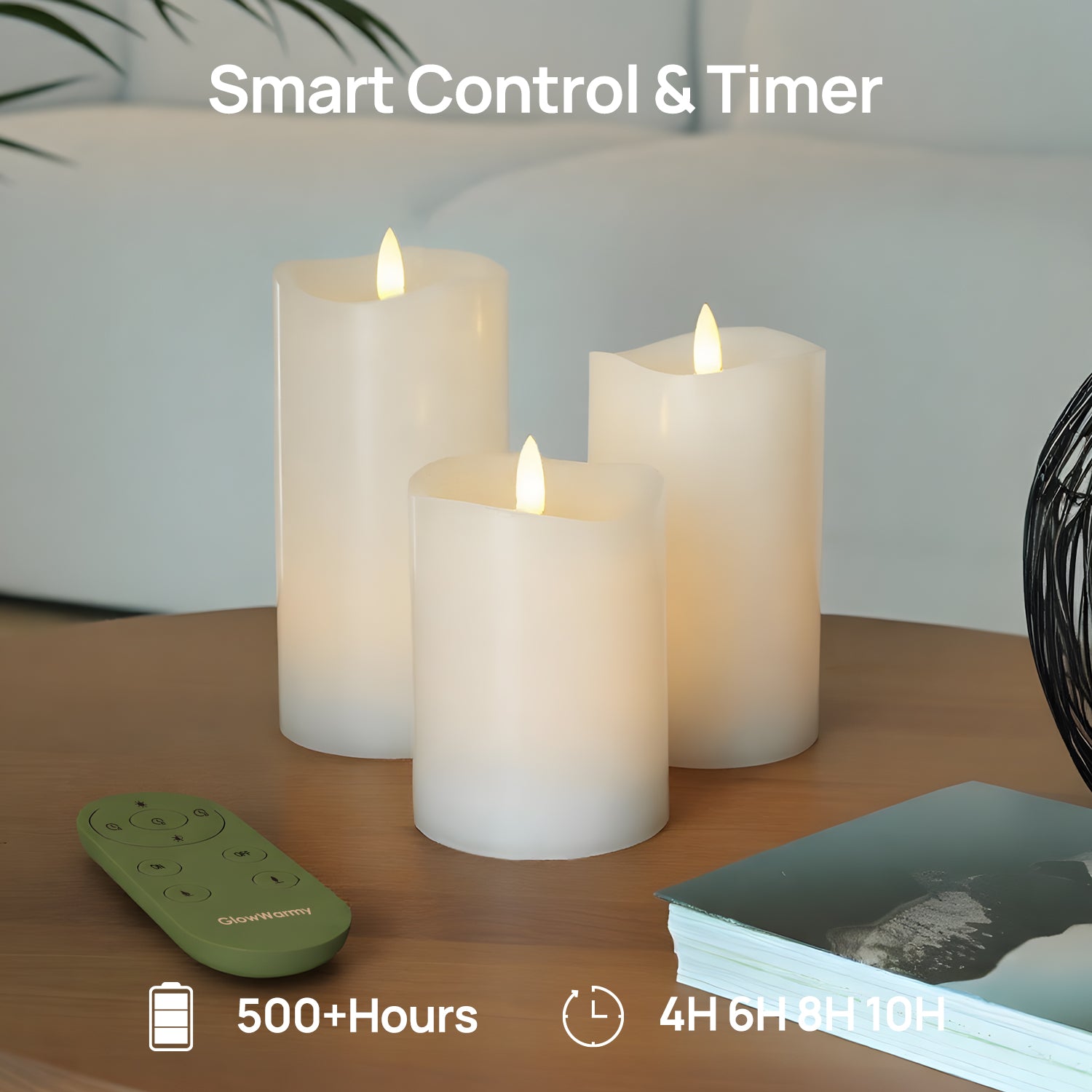 Three smart candles with a remote control on a table, featuring text about smart control and timer.