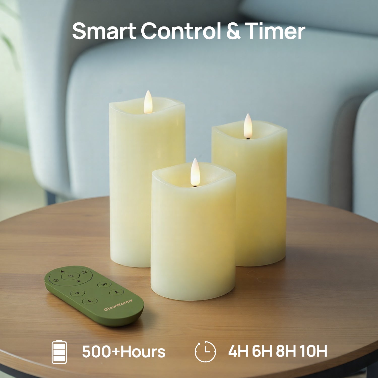Three smart candles with a remote control on a table, featuring text about smart control and timer settings.