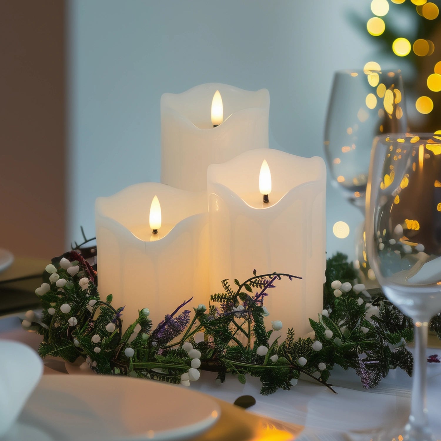 Decorative candles with a wreath on a table with blurred lights in the background
