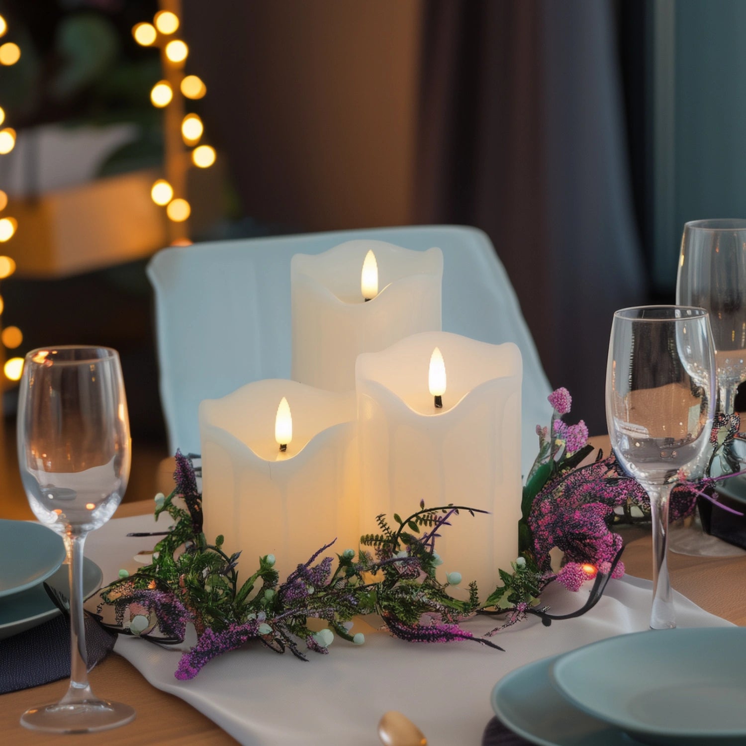 Decorative candles with flowers on a table setting with wine glasses and plates.#color_white