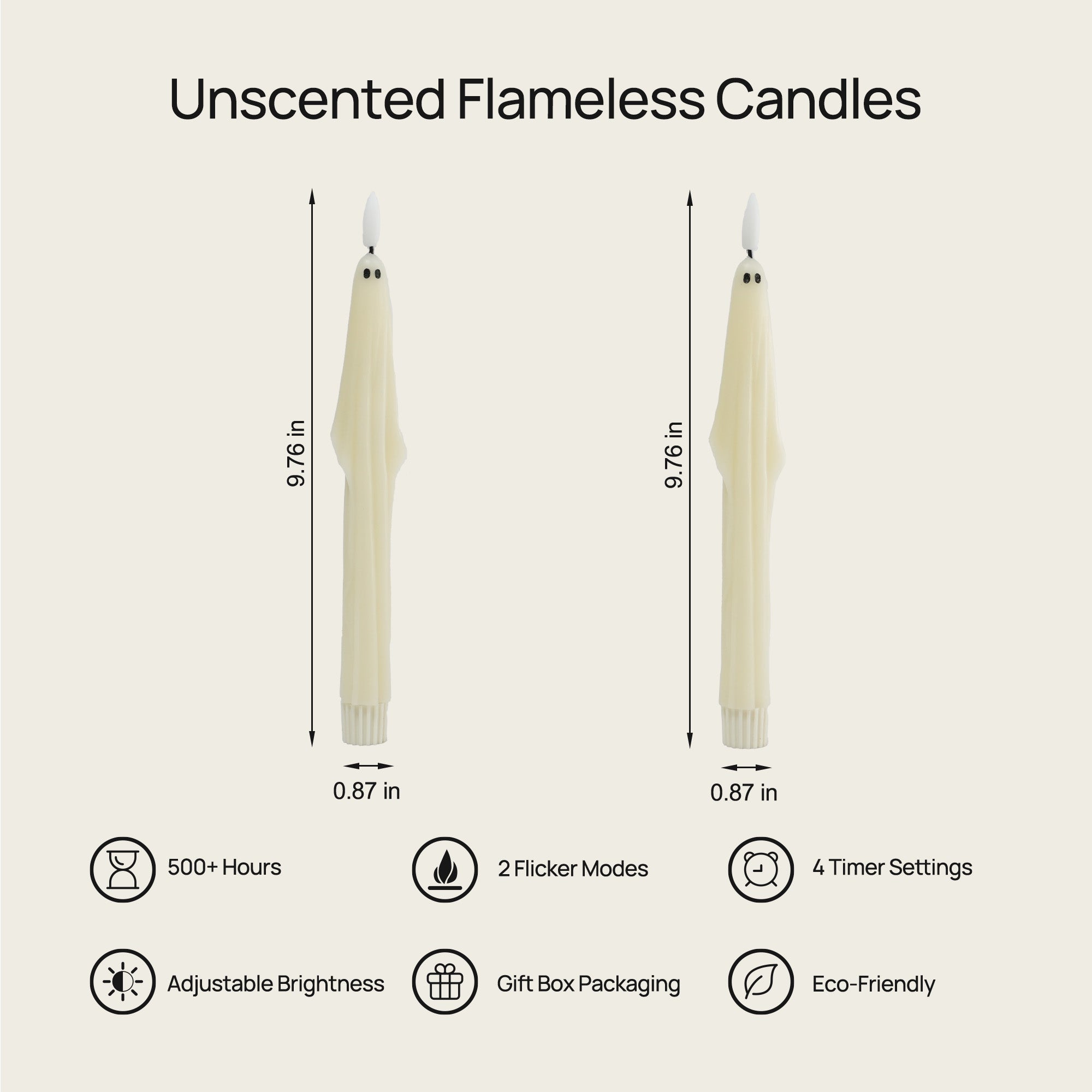 Unscented flameless candles with dimensions and features listed on a white background