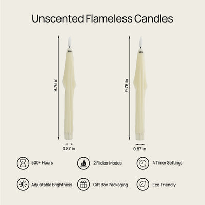 Unscented flameless candles with dimensions and features listed on a white background