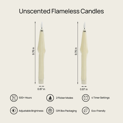 Unscented flameless candles with dimensions and features listed on a white background