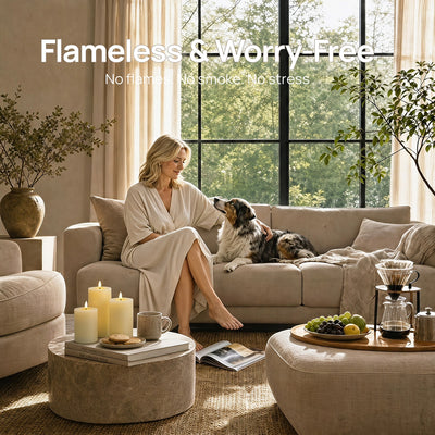 Woman in a robe sitting on a couch with a dog, surrounded by candles and a coffee maker in a cozy living room.