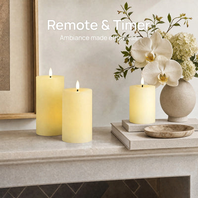 Decorative setup with candles and a vase of flowers on a surface, featuring text about remote and timer ambiance.