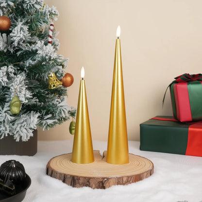 Two gold cone-shaped candles on a wooden surface with a neutral background