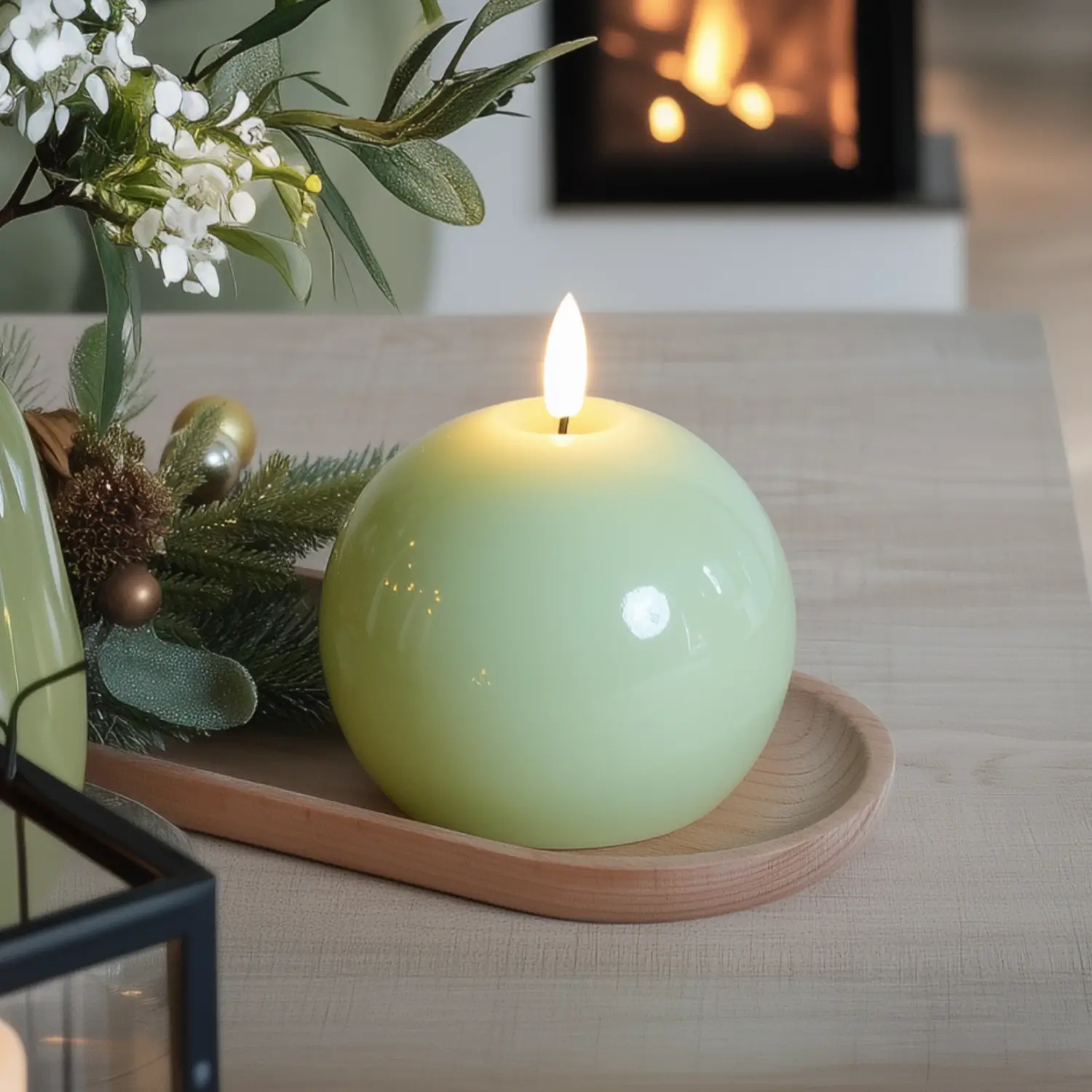Green candle on a wooden tray with decorative elements and a fireplace in the background