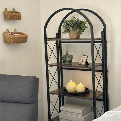 Black metal shelf with decorative items in a room setting