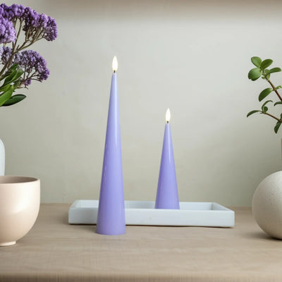 Two purple cone-shaped candles on a white tray with plants on a wooden surface.
