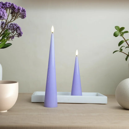 Two purple cone-shaped candles on a white tray with plants on a wooden surface.