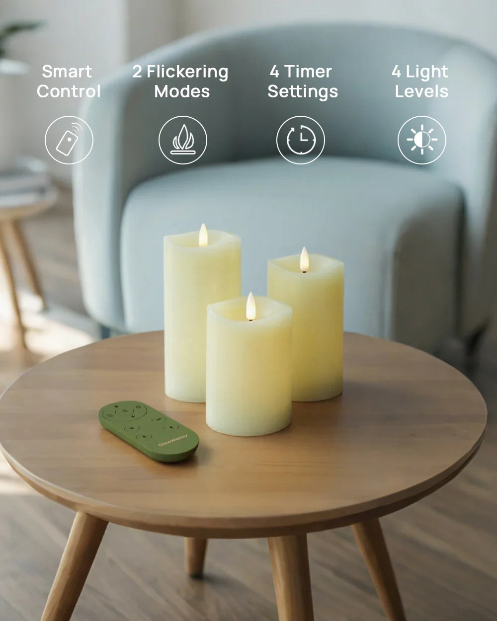 Three smart candles on a wooden table with a remote control, set against a blurred living room background.