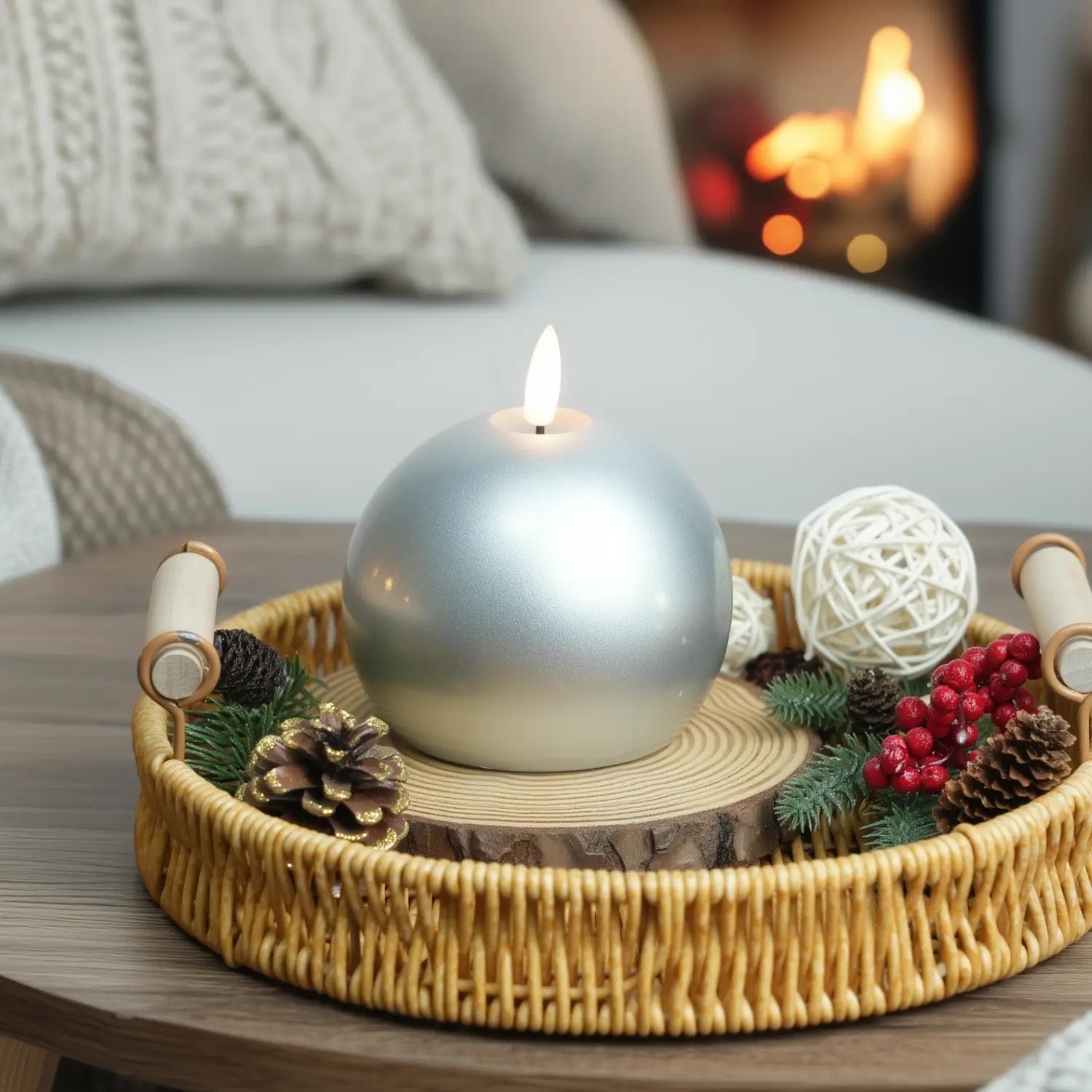 Decorative candle on a stone tray with festive elements in a cozy living room.