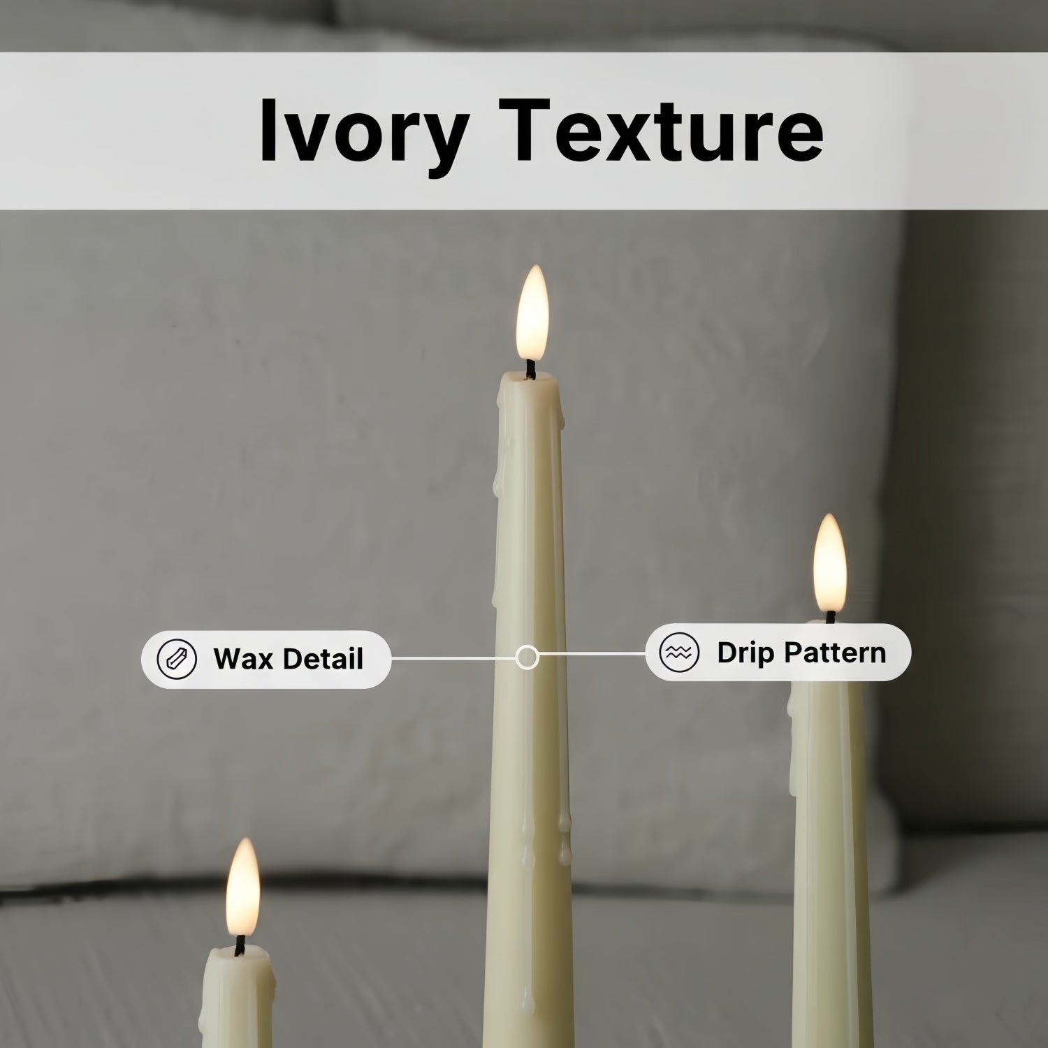 Ivory textured candles with wax detail and drip pattern on a neutral background