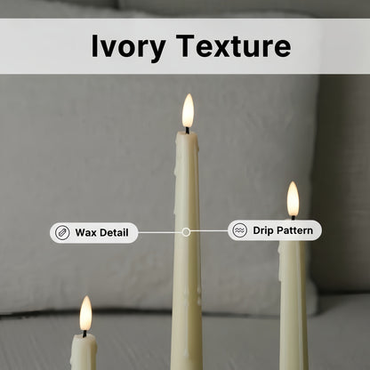 Ivory textured candles with wax detail and drip pattern on a neutral background