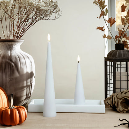 Decorative setup with candles, pumpkins, and dried plants on a neutral background