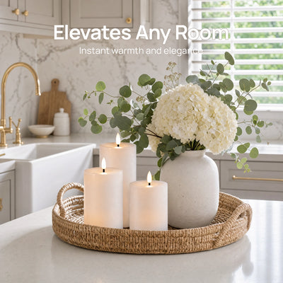 Decorative setting with candles and a vase on a kitchen counter, featuring text 'Elevates Any Room'.