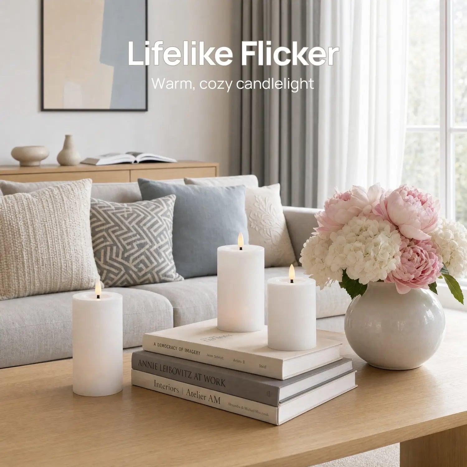 Living room with candles, books, and flowers on a table, featuring 'Lifelike Flicker' text.
