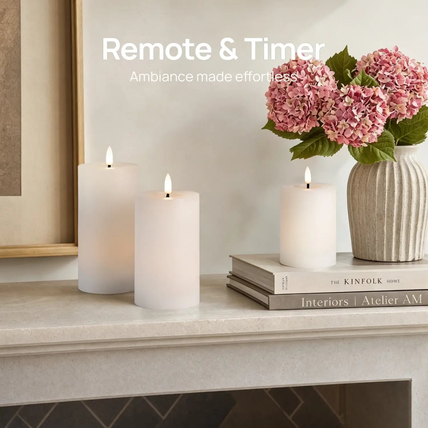 Decorative setup with candles and flowers on a shelf, featuring text about remote and timer features.
