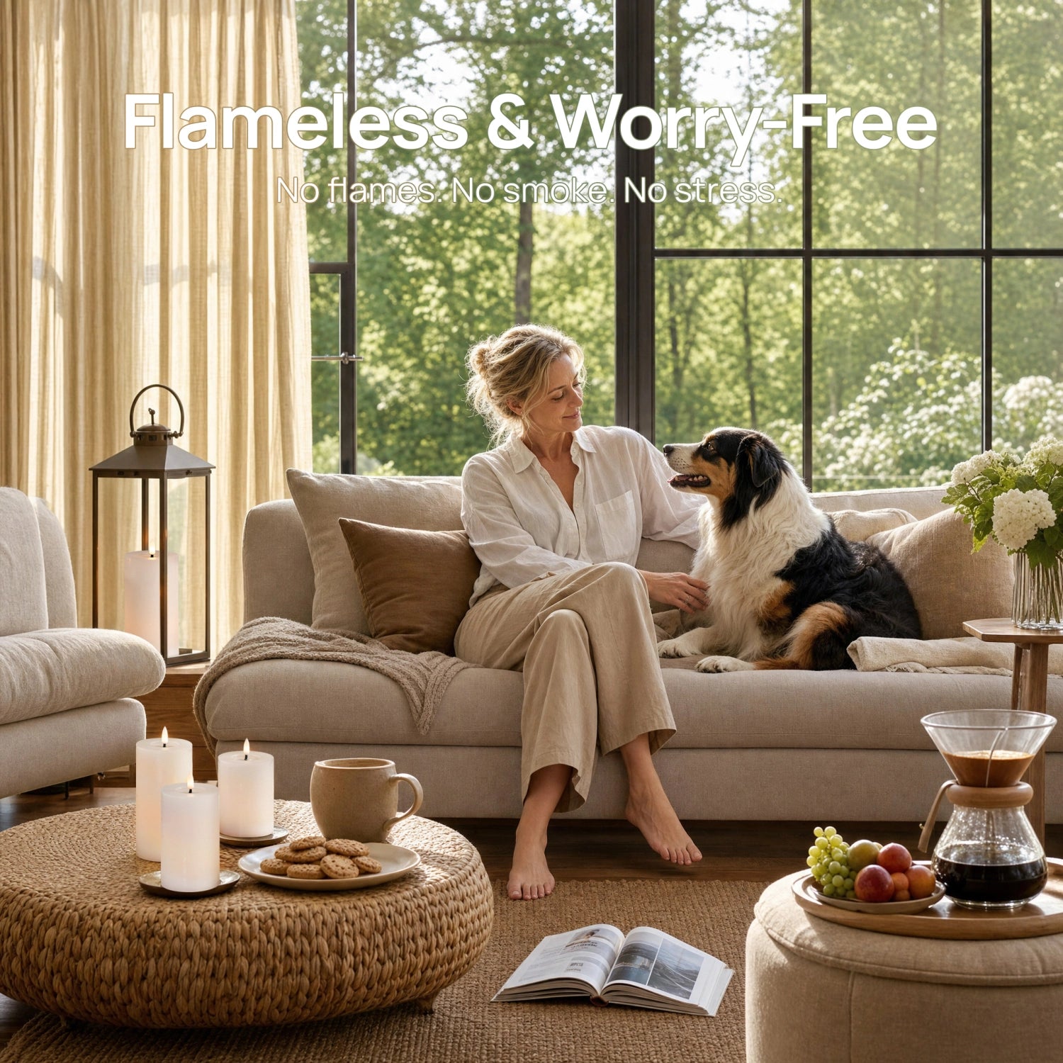 Woman sitting on a couch with a dog in a cozy living room, with text 'Flameless & Worry Free' at the top.