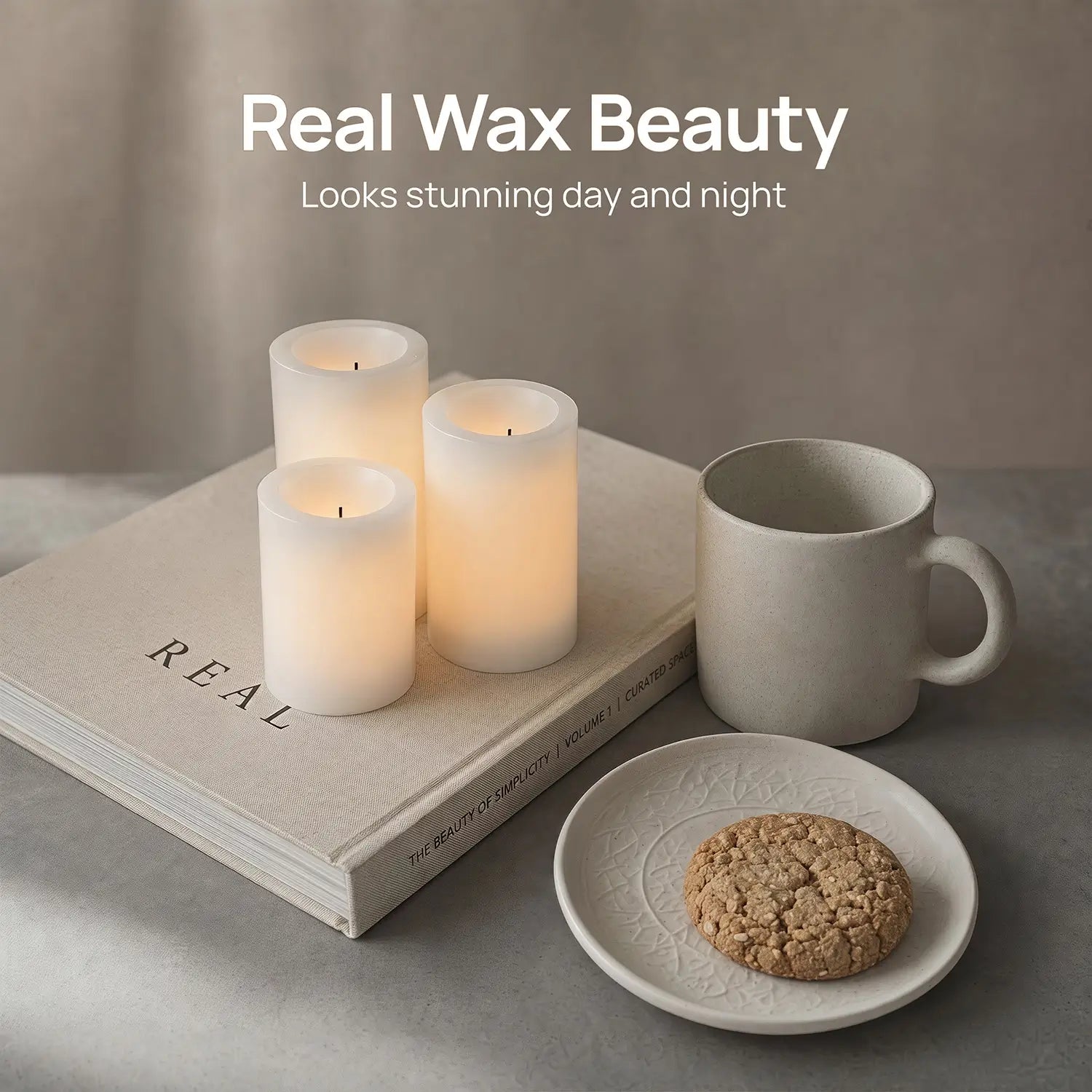 Candle set with a mug and cookie on a neutral background, featuring 'Real Wax Beauty' text.