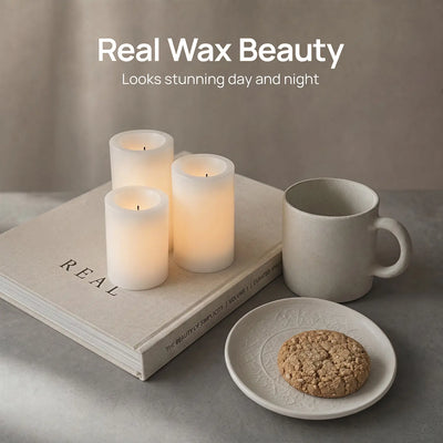Candle set with a mug and cookie on a neutral background, featuring 'Real Wax Beauty' text.