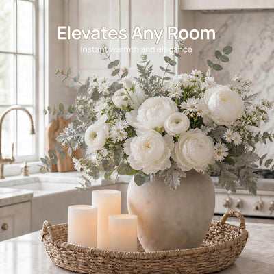 Floral arrangement in a vase with candles on a tray, text 'Elevates Any Room' and 'Instant warmth and elegance'.